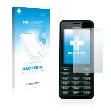 Face avant d’un emballage produit avec le logo de la marque upscreen. À côté, l’appareil Nokia 301 est représenté avec la prot