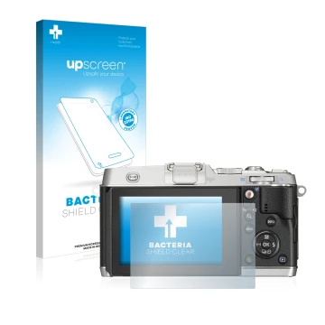 Face avant d’un emballage produit avec le logo de la marque upscreen. À côté, l’appareil Olympus PEN E-P5 est représenté avec 