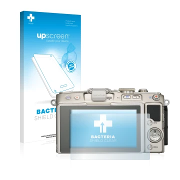 Face avant d’un emballage produit avec le logo de la marque upscreen. À côté, l’appareil Olympus PEN E-PL6 est représenté avec