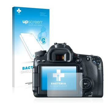 Face avant d’un emballage produit avec le logo de la marque upscreen. À côté, l’appareil Canon EOS 70D est représenté avec la 