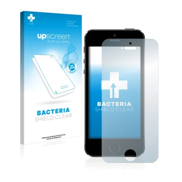 Face avant d’un emballage produit avec le logo de la marque upscreen. À côté, l’appareil Apple iPhone 5S est représenté avec l