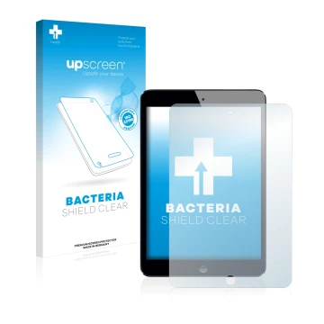 Face avant d’un emballage produit avec le logo de la marque upscreen. À côté, l’appareil Apple iPad Mini 2 2013 est représenté