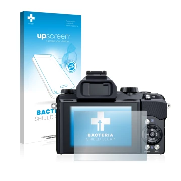 Face avant d’un emballage produit avec le logo de la marque upscreen. À côté, l’appareil Olympus Stylus 1 est représenté avec 