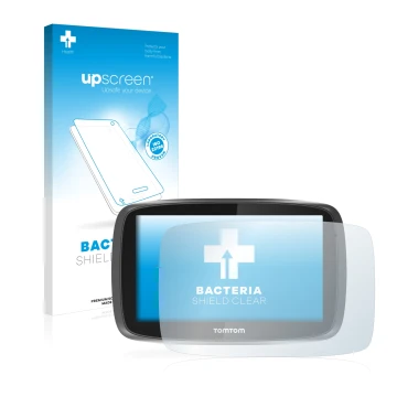 Face avant d’un emballage produit avec le logo de la marque upscreen. À côté, l’appareil TomTom GO 5000 est représenté avec la