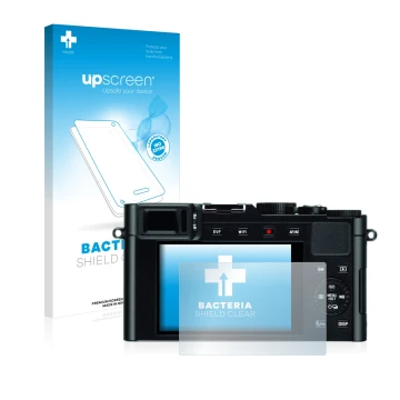 Face avant d’un emballage produit avec le logo de la marque upscreen. À côté, l’appareil Leica D-Lux (Typ 109) est représenté 