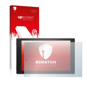 Face avant d’un emballage produit avec le logo de la marque upscreen. À côté, l’appareil Lenovo ThinkPad Tablet 8 est représen