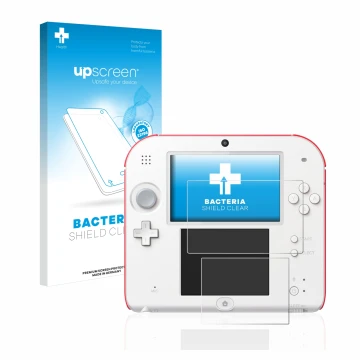Face avant d’un emballage produit avec le logo de la marque upscreen. À côté, l’appareil Nintendo 2DS est représenté avec la p