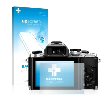 Face avant d’un emballage produit avec le logo de la marque upscreen. À côté, l’appareil Olympus OM-D E-M10 est représenté ave