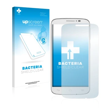 Face avant d’un emballage produit avec le logo de la marque upscreen. À côté, l’appareil Alcatel One Touch Pop C7 7040E est re