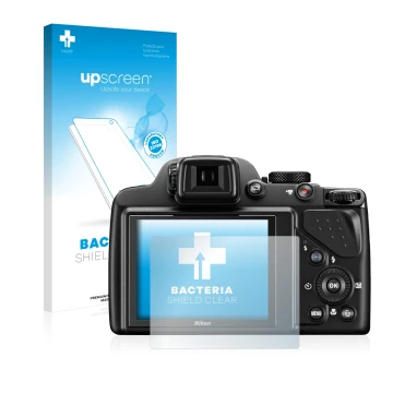 Face avant d’un emballage produit avec le logo de la marque upscreen. À côté, l’appareil Nikon Coolpix P530 est représenté ave