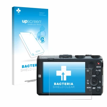 Face avant d’un emballage produit avec le logo de la marque upscreen. À côté, l’appareil Sony Cyber-Shot DSC-HX60 est représen