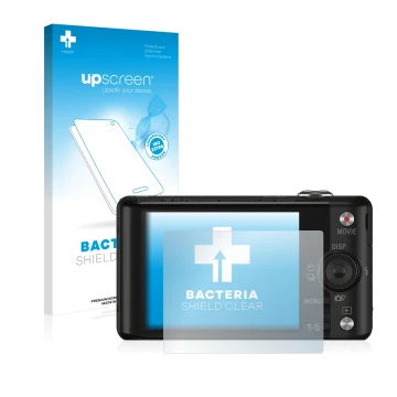 Face avant d’un emballage produit avec le logo de la marque upscreen. À côté, l’appareil Sony Cyber-Shot DSC-WX220 est représe