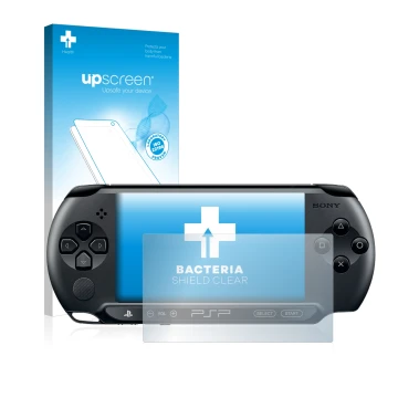 Face avant d’un emballage produit avec le logo de la marque upscreen. À côté, l’appareil Sony PSP 2000 est représenté avec la 