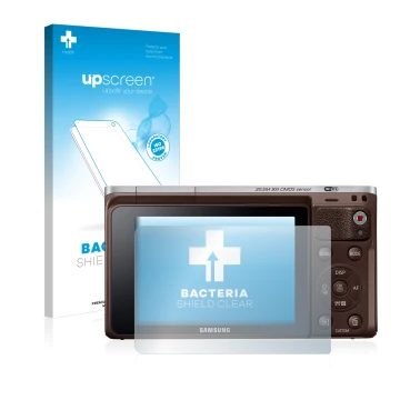 Face avant d’un emballage produit avec le logo de la marque upscreen. À côté, l’appareil Samsung NX Mini est représenté avec l