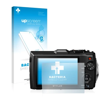 Face avant d’un emballage produit avec le logo de la marque upscreen. À côté, l’appareil Olympus Stylus Tough TG-3 est représe