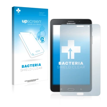 Face avant d’un emballage produit avec le logo de la marque upscreen. À côté, l’appareil Samsung Galaxy Tab Tab 4 7.0 LTE est 