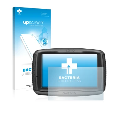 Face avant d’un emballage produit avec le logo de la marque upscreen. À côté, l’appareil Garmin zumo 590LM est représenté avec