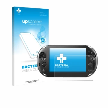 Face avant d’un emballage produit avec le logo de la marque upscreen. À côté, l’appareil Sony Playstation PS Vita Slim est rep