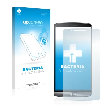 Face avant d’un emballage produit avec le logo de la marque upscreen. À côté, l’appareil LG G3 990 est représenté avec la prot
