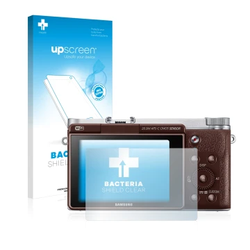 Face avant d’un emballage produit avec le logo de la marque upscreen. À côté, l’appareil Samsung NX3000 est représenté avec la