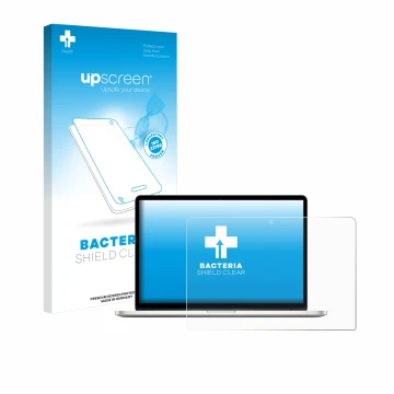 Face avant d’un emballage produit avec le logo de la marque upscreen. À côté, l’appareil Apple MacBook Pro Retina 13