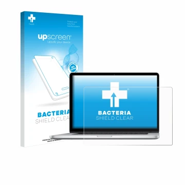 Face avant d’un emballage produit avec le logo de la marque upscreen. À côté, l’appareil Apple MacBook Pro Retina 15