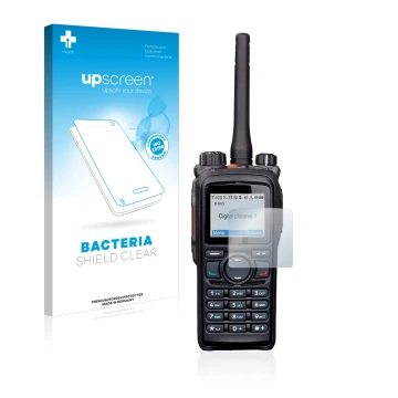 Face avant d’un emballage produit avec le logo de la marque upscreen. À côté, l’appareil Hytera PD785 est représenté avec la p