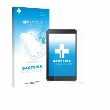 Face avant d’un emballage produit avec le logo de la marque upscreen. À côté, l’appareil Samsung Galaxy Tab Active SM-T365 est