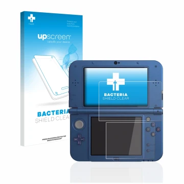 Face avant d’un emballage produit avec le logo de la marque upscreen. À côté, l’appareil Nintendo New 3DS XL est représenté av