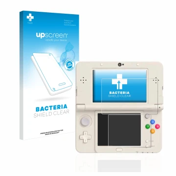 Face avant d’un emballage produit avec le logo de la marque upscreen. À côté, l’appareil Nintendo New 3DS est représenté avec 