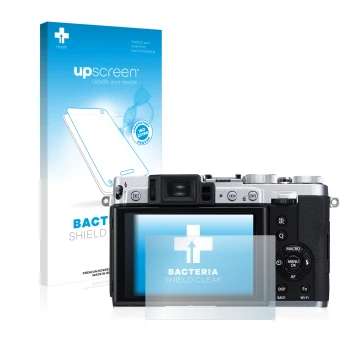 Face avant d’un emballage produit avec le logo de la marque upscreen. À côté, l’appareil Fujifilm X30 est représenté avec la p