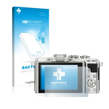 Face avant d’un emballage produit avec le logo de la marque upscreen. À côté, l’appareil Olympus PEN E-PL7 est représenté avec