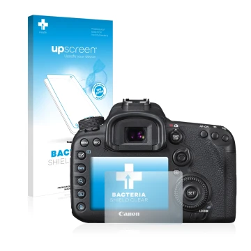 Face avant d’un emballage produit avec le logo de la marque upscreen. À côté, l’appareil Canon EOS 7D Mark II est représenté a