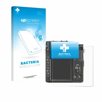 Face avant d’un emballage produit avec le logo de la marque upscreen. À côté, l’appareil Fujifilm X10 est représenté avec la p