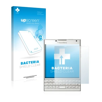 Face avant d’un emballage produit avec le logo de la marque upscreen. À côté, l’appareil BlackBerry Passport est représenté av