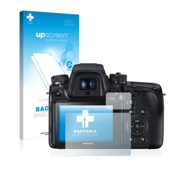 Face avant d’un emballage produit avec le logo de la marque upscreen. À côté, l’appareil Samsung NX1 est représenté avec la pr