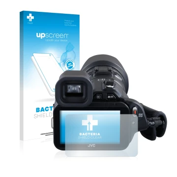 Face avant d’un emballage produit avec le logo de la marque upscreen. À côté, l’appareil JVC GC-PX100BEU est représenté avec l