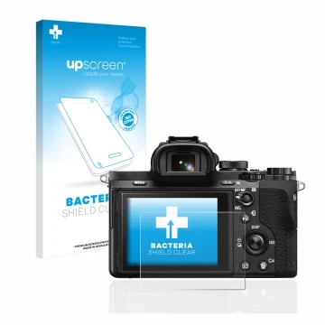 Face avant d’un emballage produit avec le logo de la marque upscreen. À côté, l’appareil Sony Alpha 7 II (ILCE-7M2) est représ