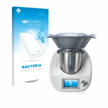 Face avant d’un emballage produit avec le logo de la marque upscreen. À côté, l’appareil Vorwerk Thermomix TM5 est représenté 