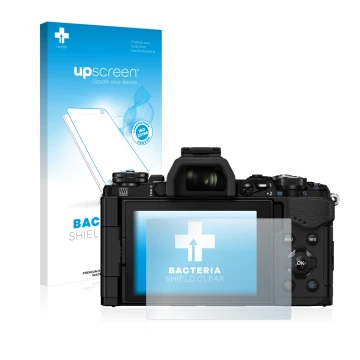 Face avant d’un emballage produit avec le logo de la marque upscreen. À côté, l’appareil Olympus OM-D E-M5 Mark II est représe