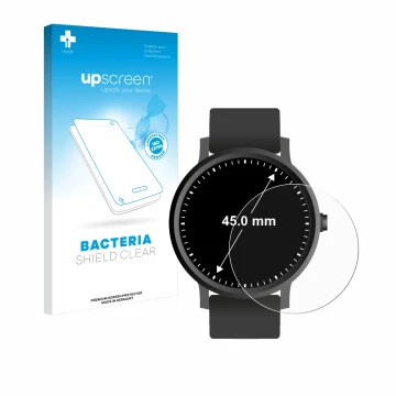 Face avant d’un emballage produit avec le logo de la marque upscreen. À côté, l’appareil Montres (Circulaire, ø: 45 mm) est re