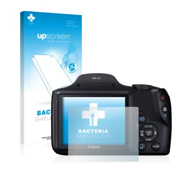 Face avant d’un emballage produit avec le logo de la marque upscreen. À côté, l’appareil Canon PowerShot SX530 HS est représen