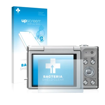 Face avant d’un emballage produit avec le logo de la marque upscreen. À côté, l’appareil Panasonic Lumix DMC-SZ10 est représen