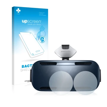 Face avant d’un emballage produit avec le logo de la marque upscreen. À côté, l’appareil Samsung Gear VR est représenté avec l