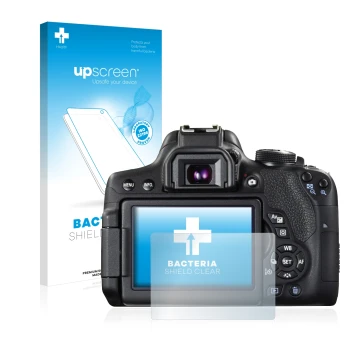 Face avant d’un emballage produit avec le logo de la marque upscreen. À côté, l’appareil Canon EOS 750D est représenté avec la