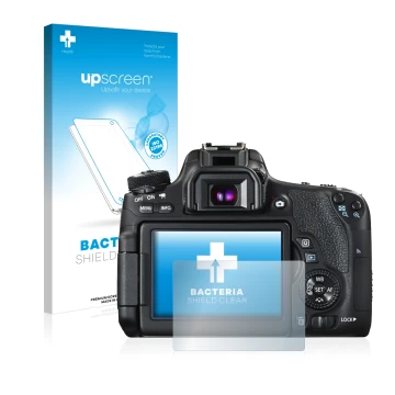 Face avant d’un emballage produit avec le logo de la marque upscreen. À côté, l’appareil Canon EOS 760D est représenté avec la