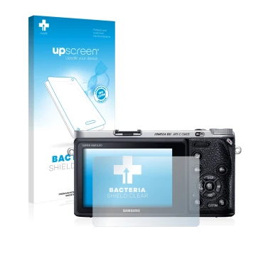 Face avant d’un emballage produit avec le logo de la marque upscreen. À côté, l’appareil Samsung NX500 est représenté avec la 