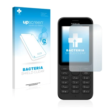 Face avant d’un emballage produit avec le logo de la marque upscreen. À côté, l’appareil Microsoft Nokia 215 est représenté av