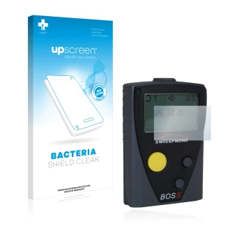 Face avant d’un emballage produit avec le logo de la marque upscreen. À côté, l’appareil Swissphone Boss 925 V est représenté 
