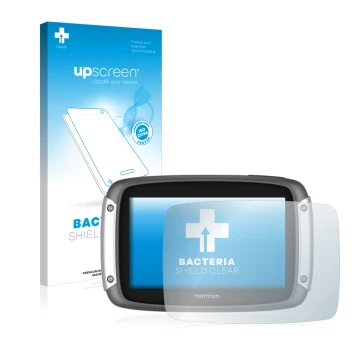 Face avant d’un emballage produit avec le logo de la marque upscreen. À côté, l’appareil TomTom Rider 400 est représenté avec 